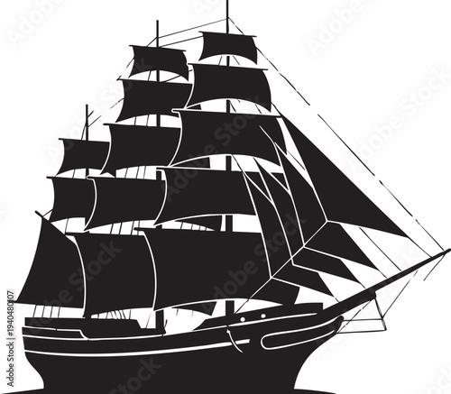 Black Silhouette Tall Ship With Full Sails Illustration on Transparent Background