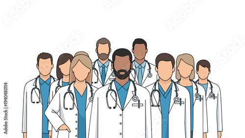 Diverse healthcare team in medical uniforms with stethoscopes