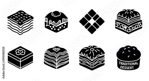 Assorted traditional dessert icons in silhouette style