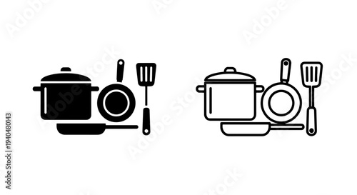 Minimalist kitchen cookware icons pot pan spatula set