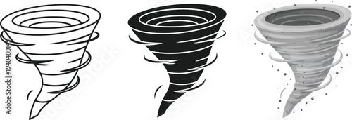 Set of tornado icons in various styles including outline solid and shaded vector illustrations ideal for weather apps and disaster warnings