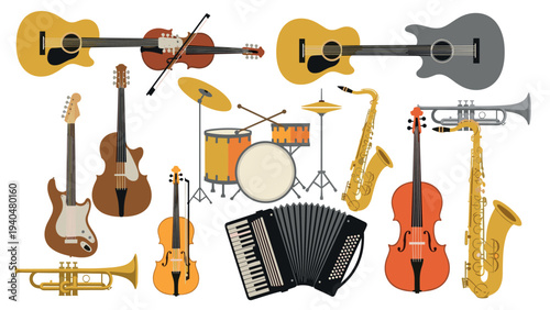 Collection of musical instruments in flat style featuring guitars, drums, and more