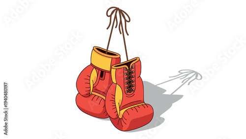 Hanging boxing gloves in cartoon style with shadow on white background