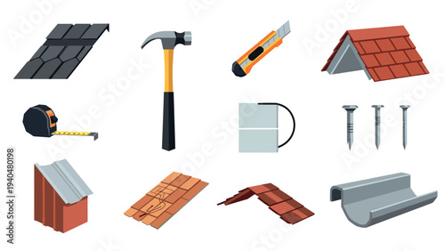 Construction tools and roofing materials set for home improvement projects