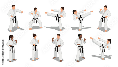 Isometric martial arts practitioners in action poses demonstrating karate techniques