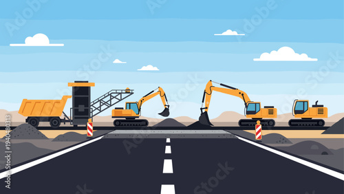 Construction site with machinery in action featuring excavators and dump truck on highway