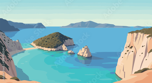 Scenic coastal landscape with rock formations and blue ocean in flat design