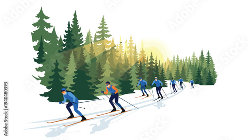 Winter adventure: skiers enjoying a sunlit forest path