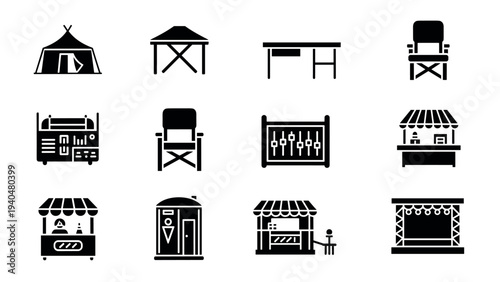 Festival icons: stalls, stages, and equipment in a bold black silhouette style