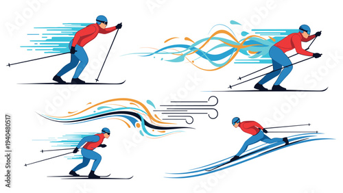 Dynamic skiing poses: energetic winter sports design with vibrant elements