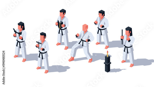 Karate training group in isometric style practicing martial arts with weapons and candle