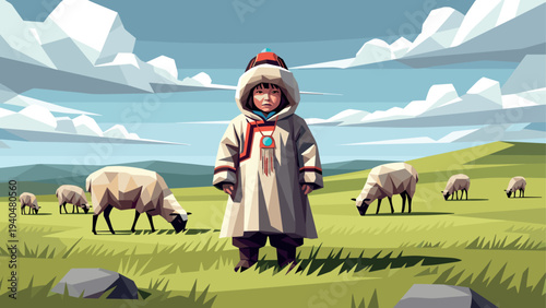 Young nomad in traditional clothing with sheep in pastoral geometric landscape