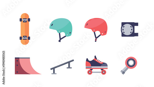 Colorful skateboarding icons set with helmet, skateboard, and ramps