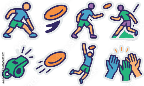 Colorful sticker collection of ultimate frisbee activities in playful doodle art style
