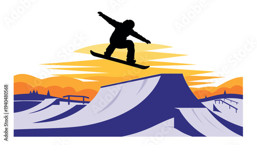 Silhouette snowboarder performing trick at sunrise in winter skate park scene