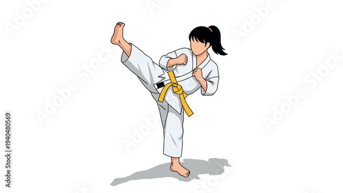 Woman practicing karate kick in white gi with yellow belt on white background