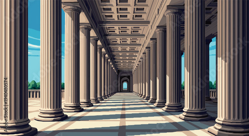 Classic architecture with endless columns in perspective under a clear blue sky