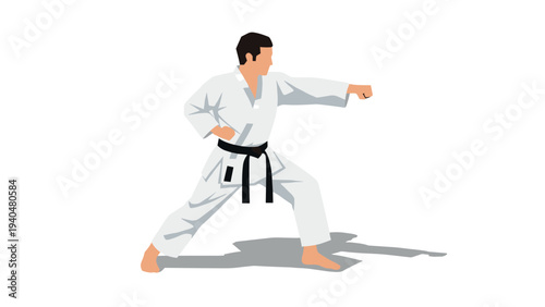 Martial artist in white gi practicing karate punch on white background