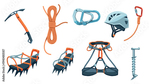 Essential climbing gear collection featuring ice axe helmet harness and more in flat design