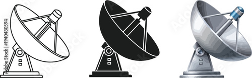 Set of satellite dish icons in various styles including outline silhouette and realistic 3D perfect for technology and communication designs