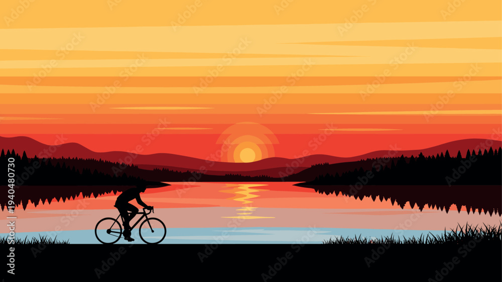 Obraz premium Cyclist in silhouette with vibrant sunset over serene lake and mountains