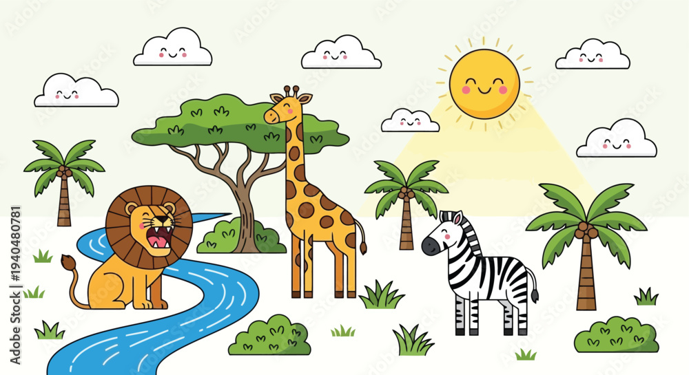 Fototapeta premium Cute cartoon lion giraffe zebra in african savanna landscape.