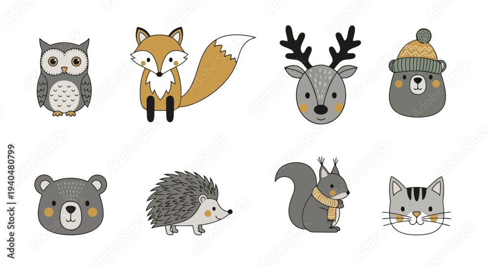 Fototapeta premium Cute Forest Animals Collection Featuring Owl Fox Deer Bear Hedgehog Squirrel Cat.