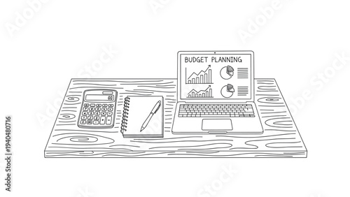 Hand drawn home office desk with laptop and calculator for budget planning