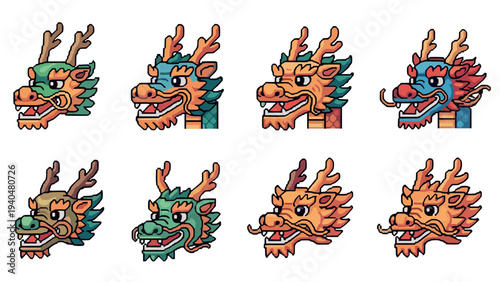 Pixel art dragon heads: vibrant and detailed fantasy creature designs