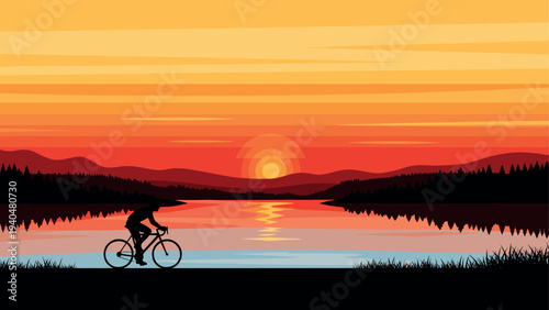 Cyclist in silhouette with vibrant sunset over serene lake and mountains
