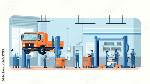 Modern auto repair shop scene with mechanics and equipment in flat design