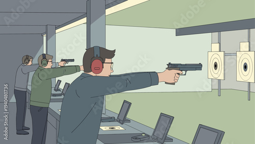 Indoor shooting range with people practicing pistol target practice in a minimalistic design
