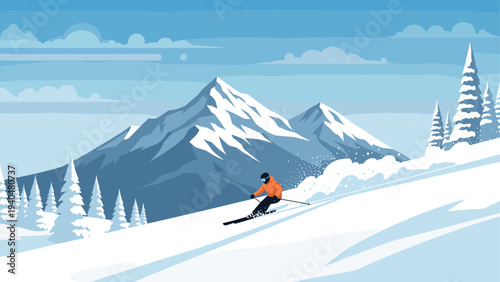 Ski enthusiast carving through pristine alpine slopes in vibrant winter landscape