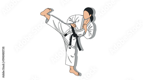 Karate kick in minimalist style: black belt martial artist performing high kick
