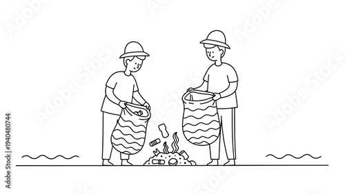 Linear style people collecting trash for environmental cleanup