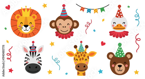 Cute cartoon circus animals wearing party hats and collars.
