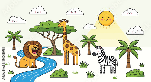 Cute cartoon lion giraffe zebra in african savanna landscape.