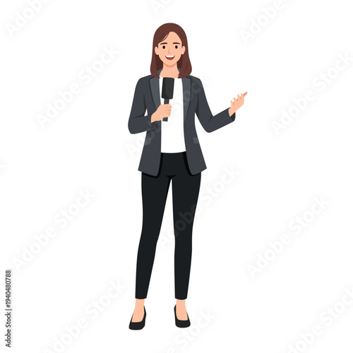 Professional Female Reporter Holding Microphone. Flat vector illustration isolated on white background