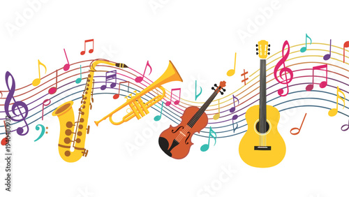 Colorful musical instruments with flowing music notes in flat design