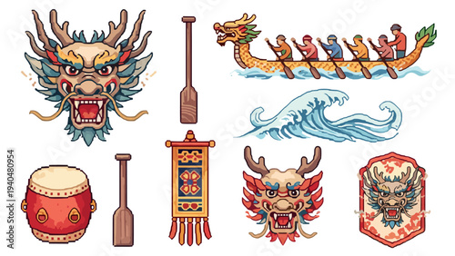 Pixel art dragon boat festival with dragons, drums, and paddles
