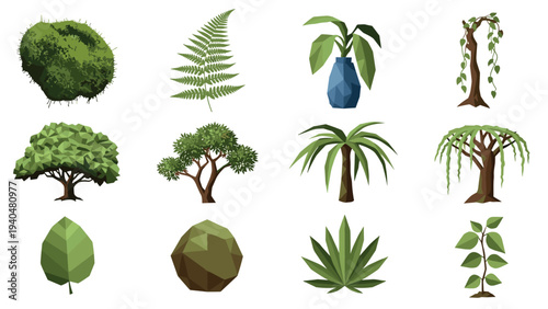 Collection of low poly trees and plants with geometric shapes