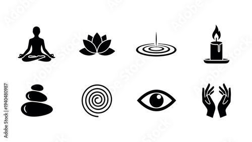 Set of eight minimalist wellness icons featuring meditation, yoga, and spa themes
