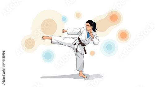 Karate fighter in action with colorful background for martial arts concept