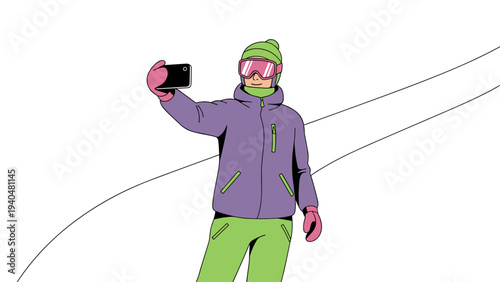 Winter adventure: snowboarder captures selfie on the slopes in bold colors