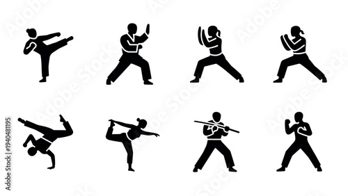 Silhouette martial arts poses: dynamic karate, taekwondo, kung fu, and dance moves