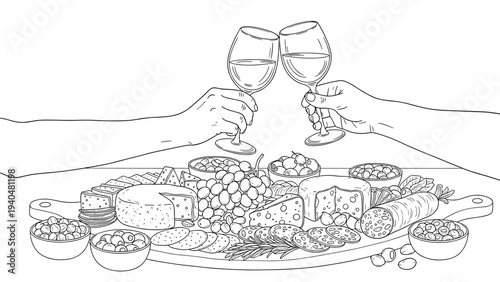 Elegant cheese and wine celebration: outline style culinary delight with glasses, cheese platter, and snacks