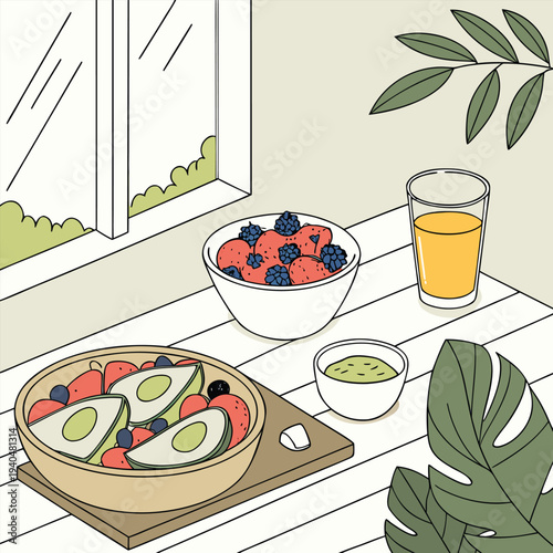 Healthy avocado toast breakfast with fresh berries and orange juice on wooden table in bright modern kitchen
