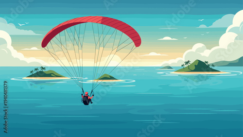 Paraglider adventure over tropical islands with stunning ocean view