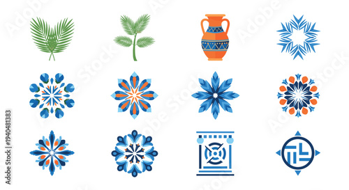 Vibrant mediterranean patterns and elements with floral and geometric designs