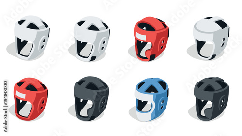 Collection of colorful isometric headgear for martial arts practice
